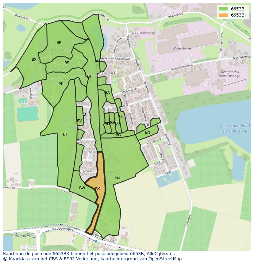 Afbeelding van het postcodegebied 6653 BK op de kaart.