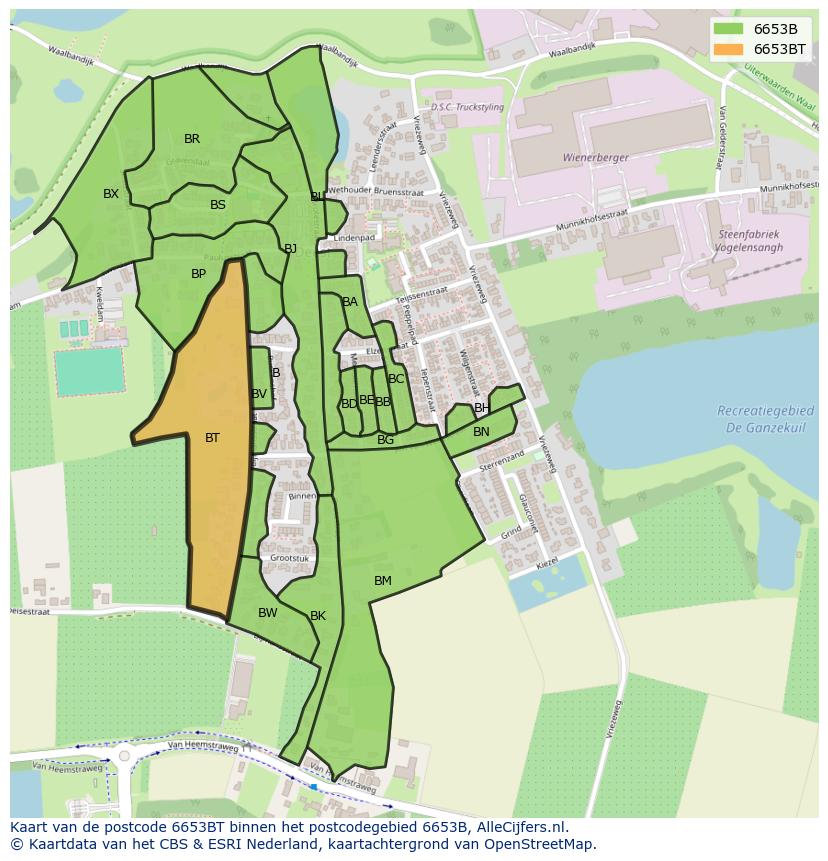 Afbeelding van het postcodegebied 6653 BT op de kaart.