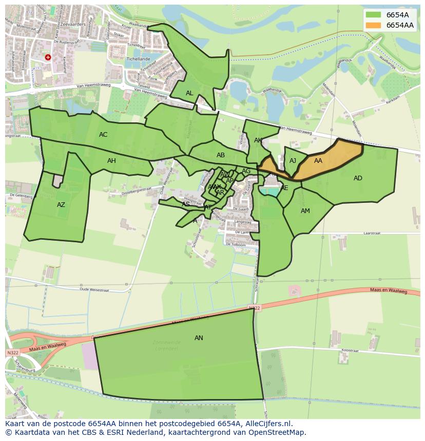 Afbeelding van het postcodegebied 6654 AA op de kaart.