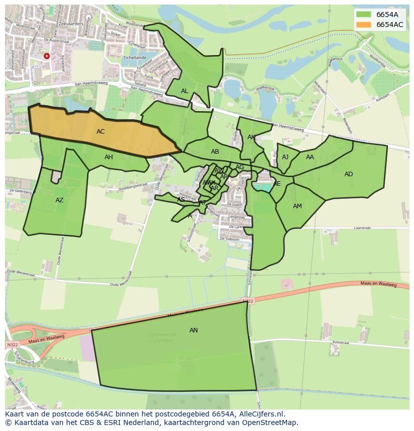 Afbeelding van het postcodegebied 6654 AC op de kaart.