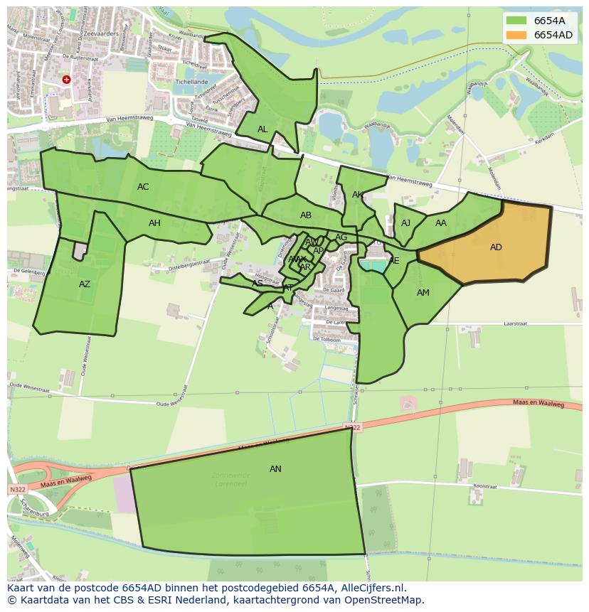 Afbeelding van het postcodegebied 6654 AD op de kaart.