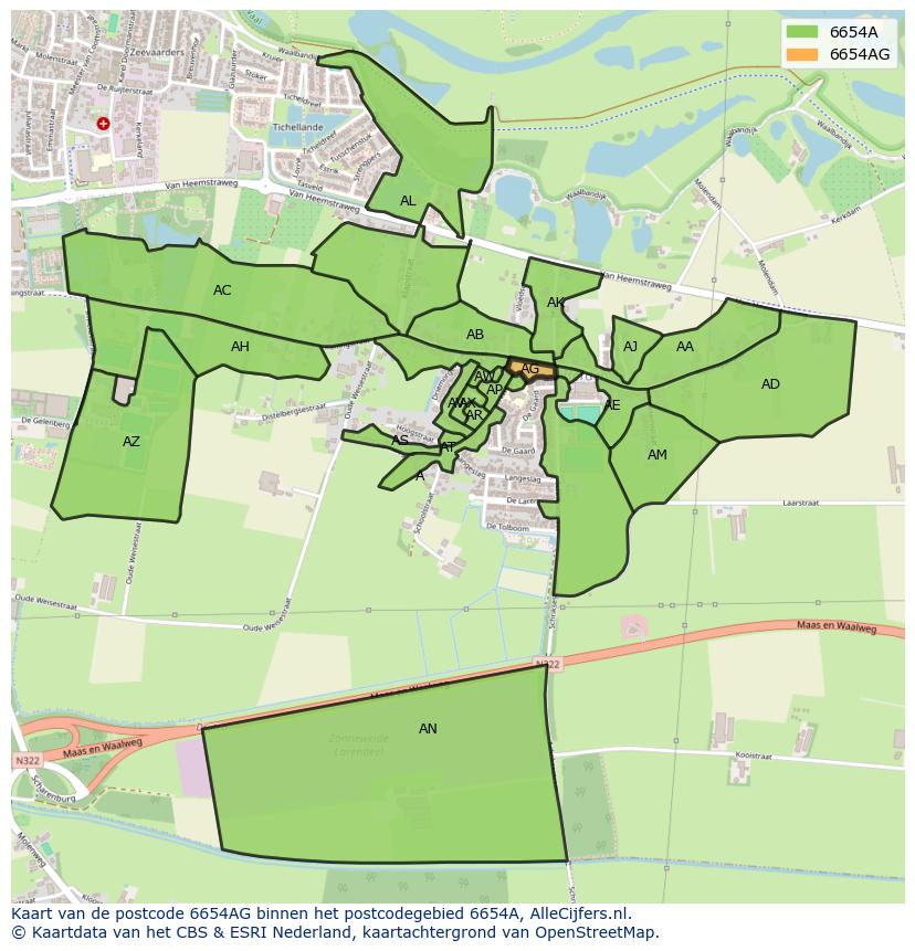 Afbeelding van het postcodegebied 6654 AG op de kaart.