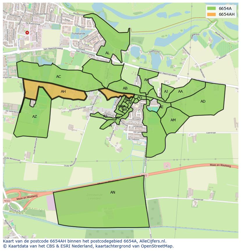 Afbeelding van het postcodegebied 6654 AH op de kaart.