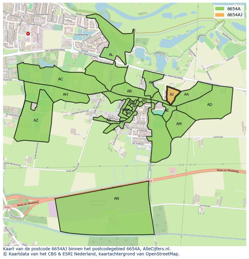 Afbeelding van het postcodegebied 6654 AJ op de kaart.