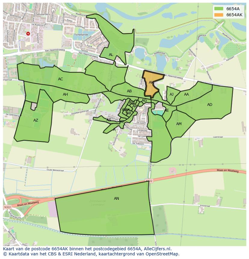 Afbeelding van het postcodegebied 6654 AK op de kaart.