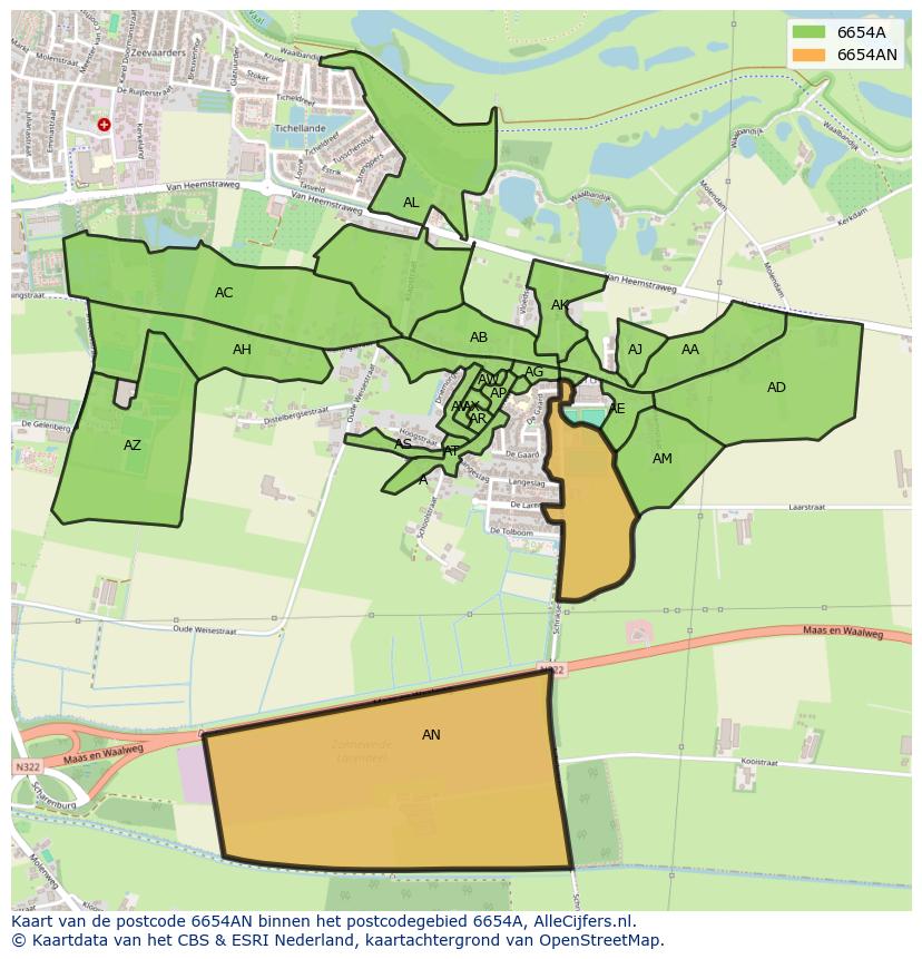 Afbeelding van het postcodegebied 6654 AN op de kaart.