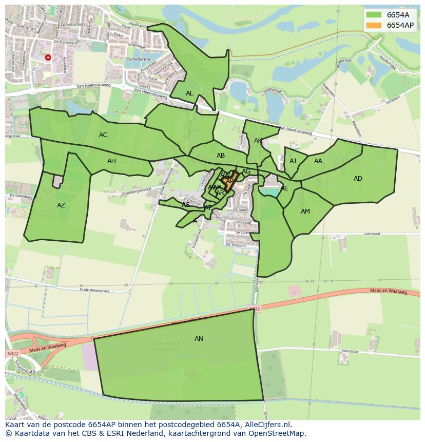 Afbeelding van het postcodegebied 6654 AP op de kaart.