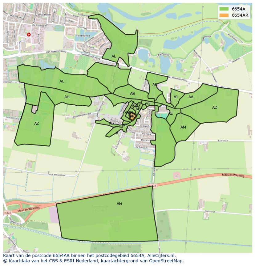 Afbeelding van het postcodegebied 6654 AR op de kaart.