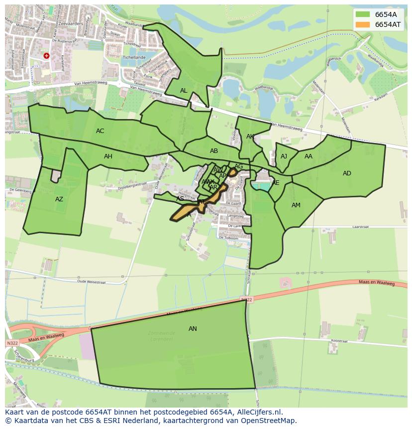Afbeelding van het postcodegebied 6654 AT op de kaart.