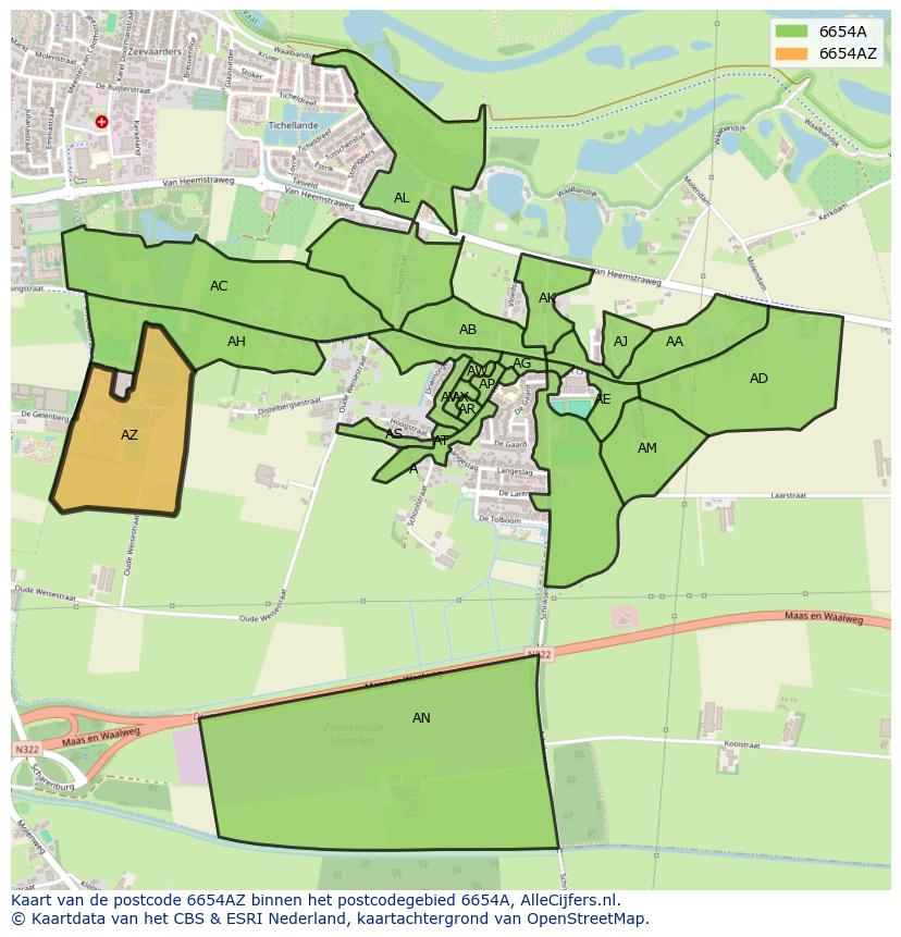 Afbeelding van het postcodegebied 6654 AZ op de kaart.