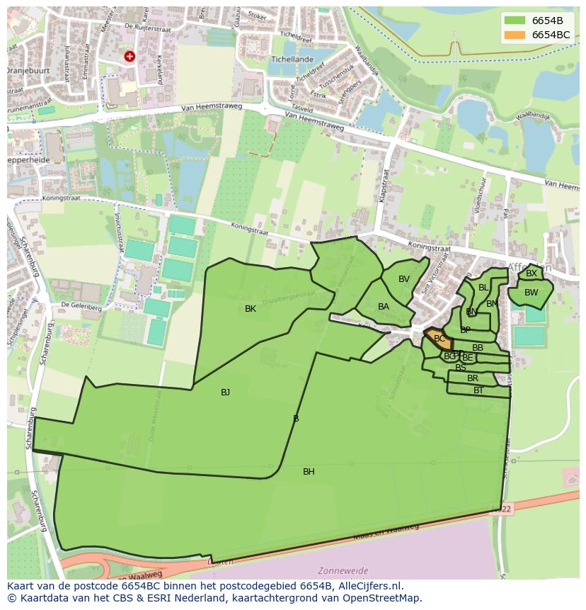 Afbeelding van het postcodegebied 6654 BC op de kaart.