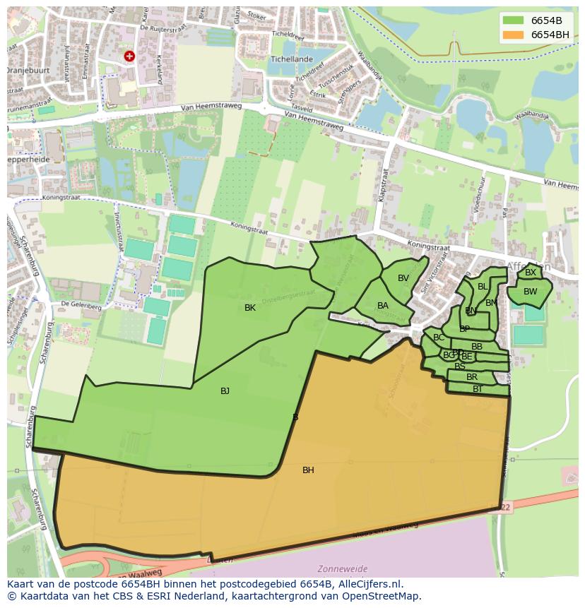 Afbeelding van het postcodegebied 6654 BH op de kaart.