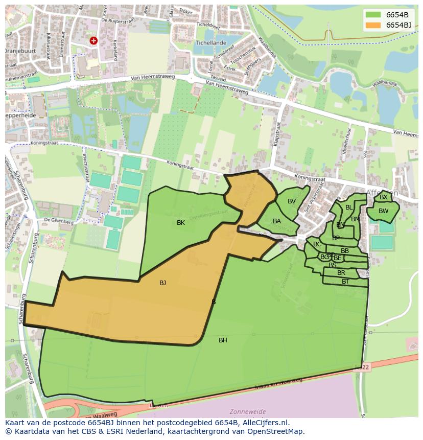 Afbeelding van het postcodegebied 6654 BJ op de kaart.