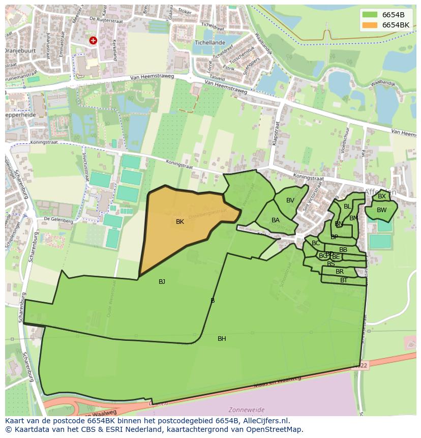 Afbeelding van het postcodegebied 6654 BK op de kaart.