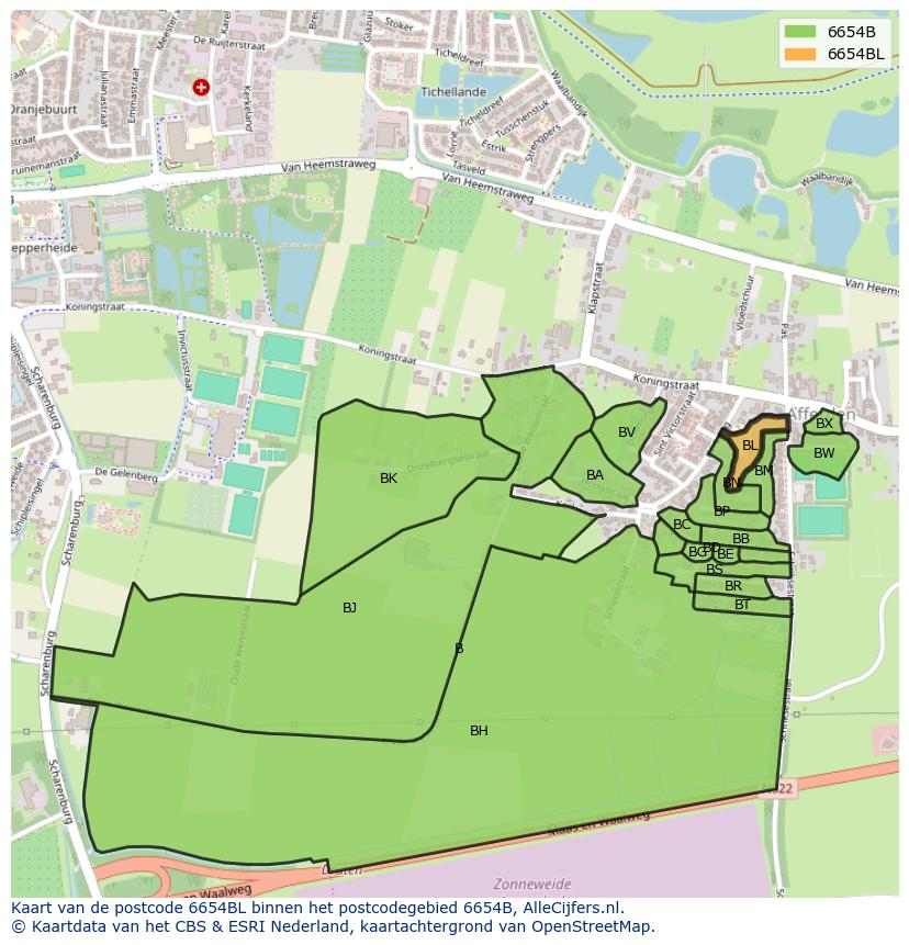 Afbeelding van het postcodegebied 6654 BL op de kaart.