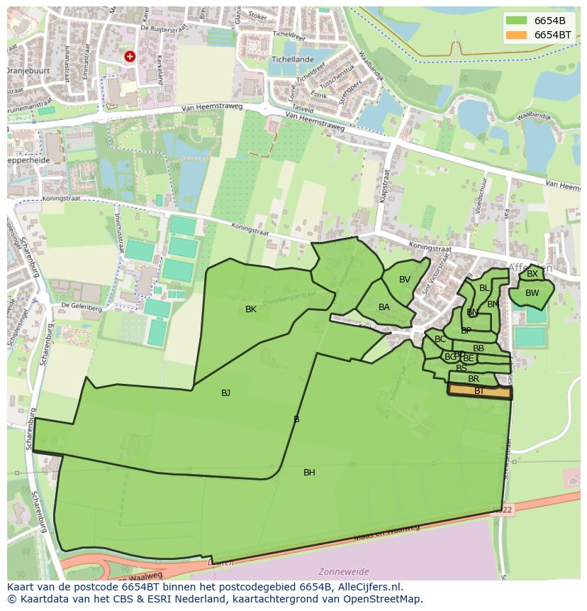 Afbeelding van het postcodegebied 6654 BT op de kaart.