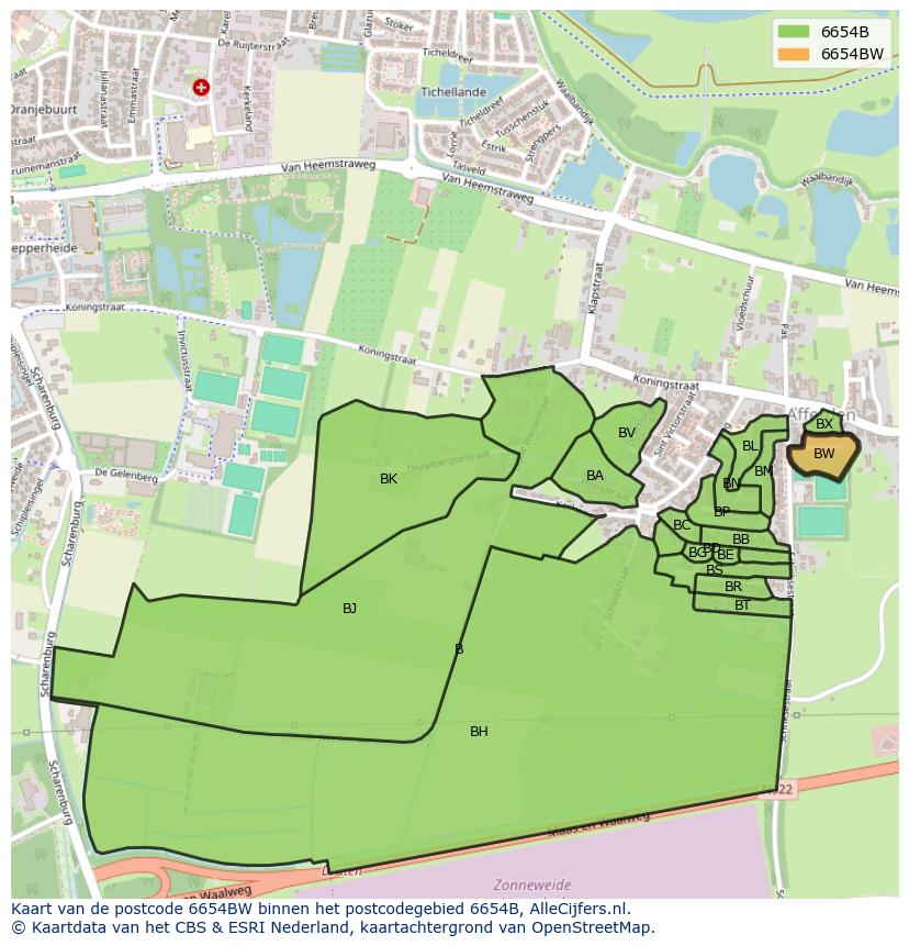 Afbeelding van het postcodegebied 6654 BW op de kaart.