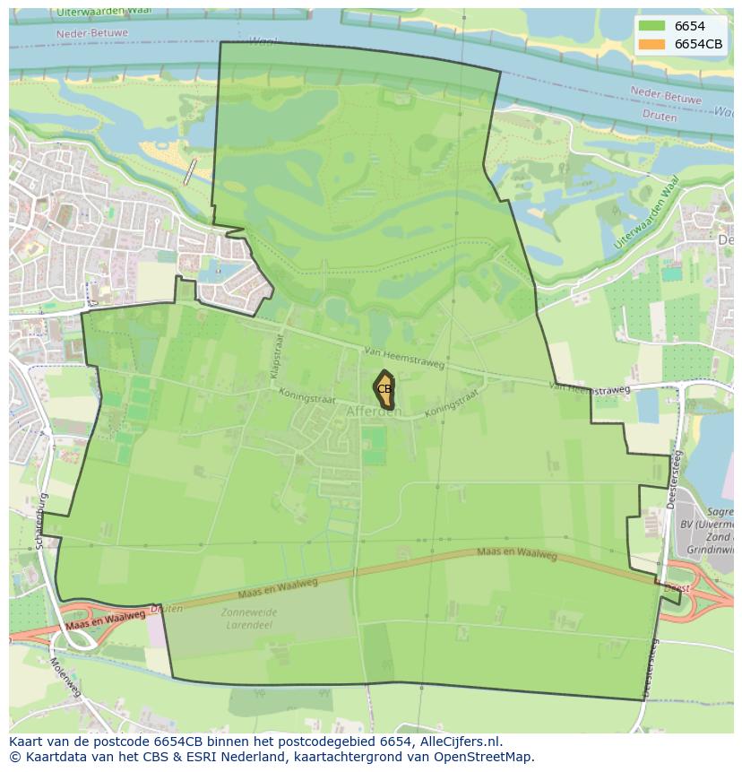 Afbeelding van het postcodegebied 6654 CB op de kaart.
