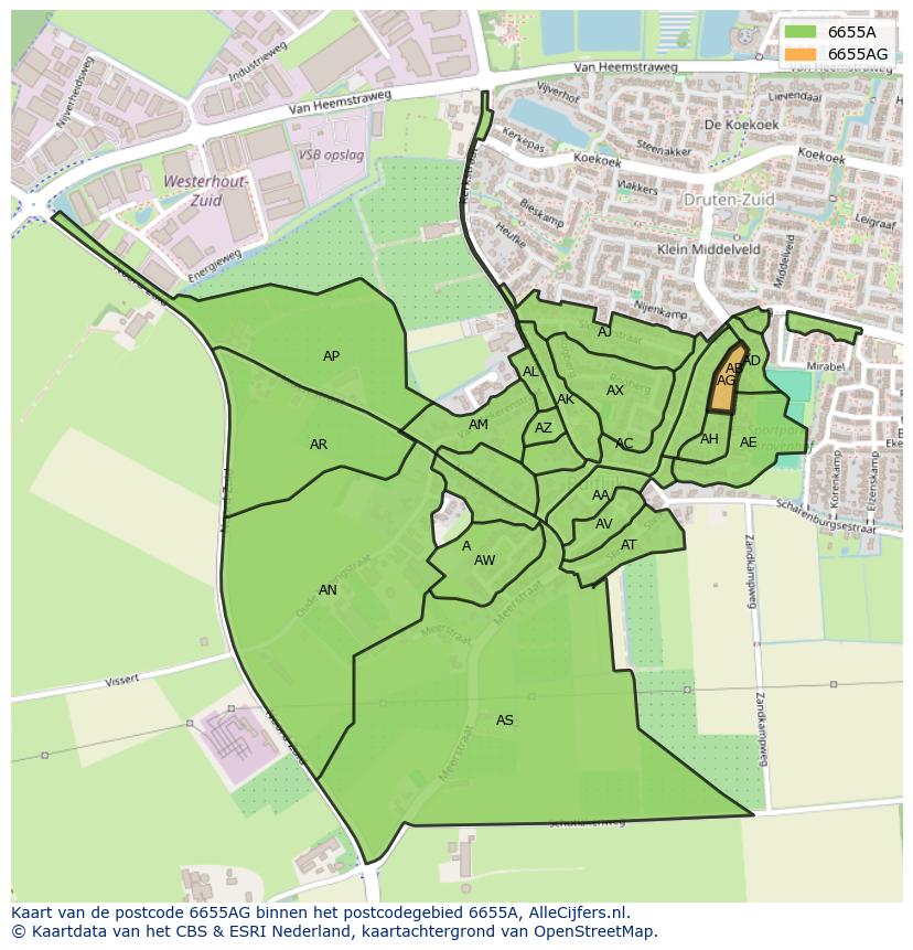 Afbeelding van het postcodegebied 6655 AG op de kaart.
