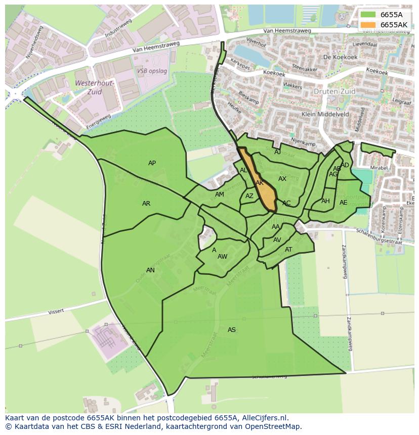 Afbeelding van het postcodegebied 6655 AK op de kaart.
