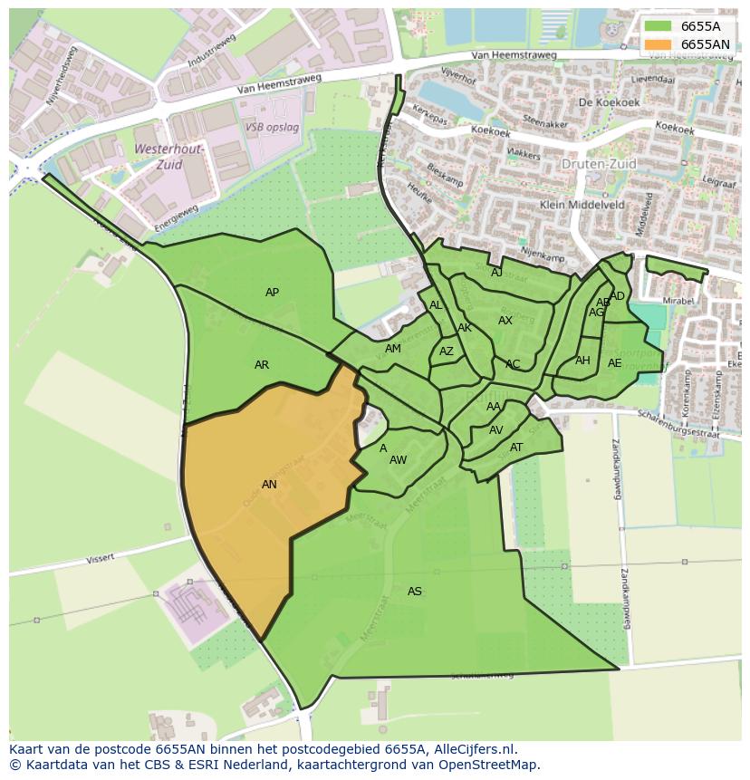 Afbeelding van het postcodegebied 6655 AN op de kaart.