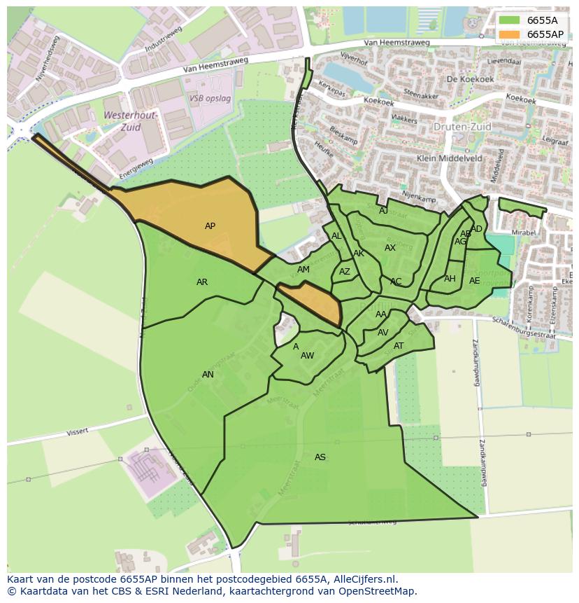 Afbeelding van het postcodegebied 6655 AP op de kaart.