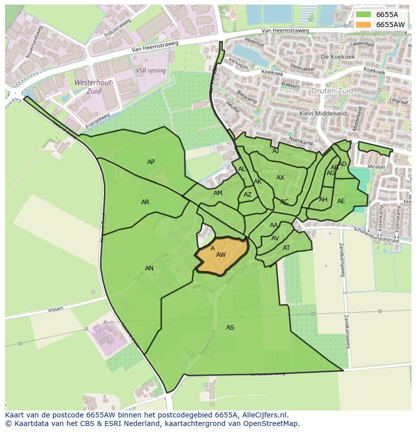 Afbeelding van het postcodegebied 6655 AW op de kaart.