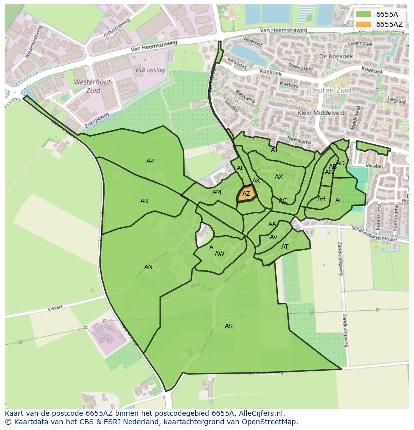Afbeelding van het postcodegebied 6655 AZ op de kaart.