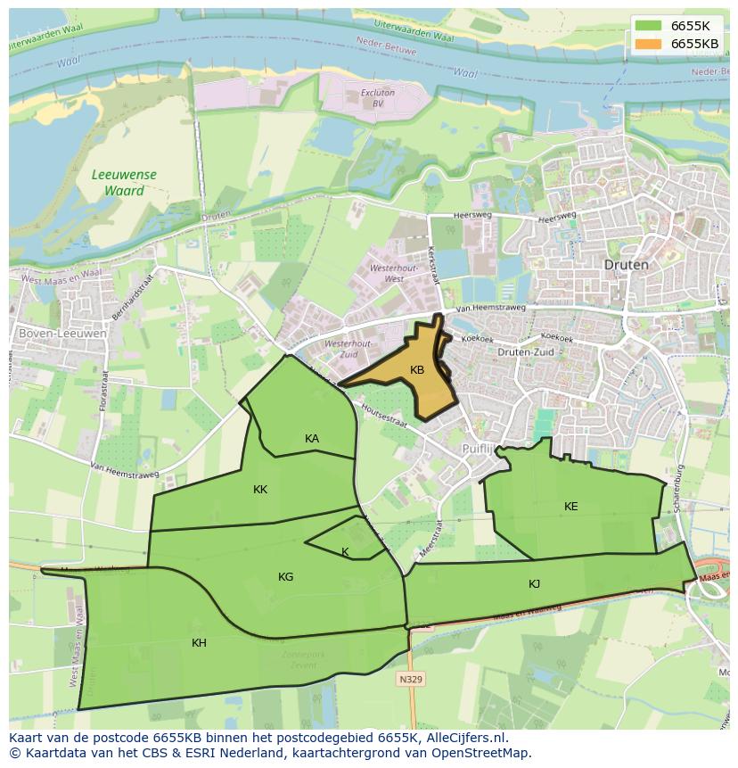 Afbeelding van het postcodegebied 6655 KB op de kaart.