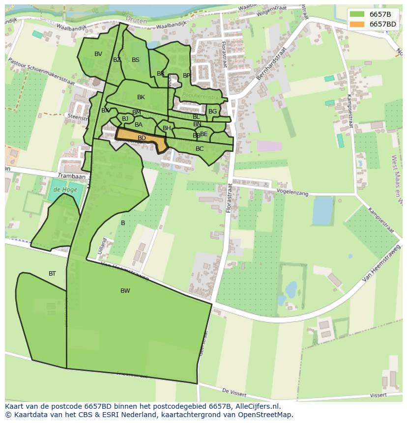 Afbeelding van het postcodegebied 6657 BD op de kaart.