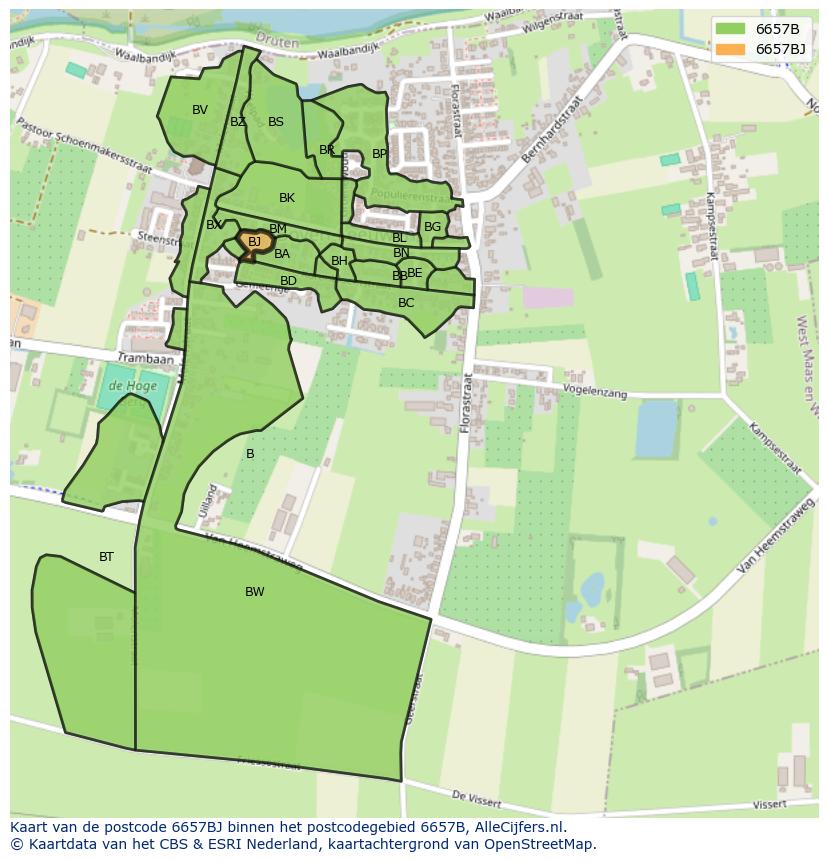 Afbeelding van het postcodegebied 6657 BJ op de kaart.
