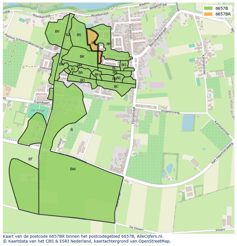 Afbeelding van het postcodegebied 6657 BR op de kaart.