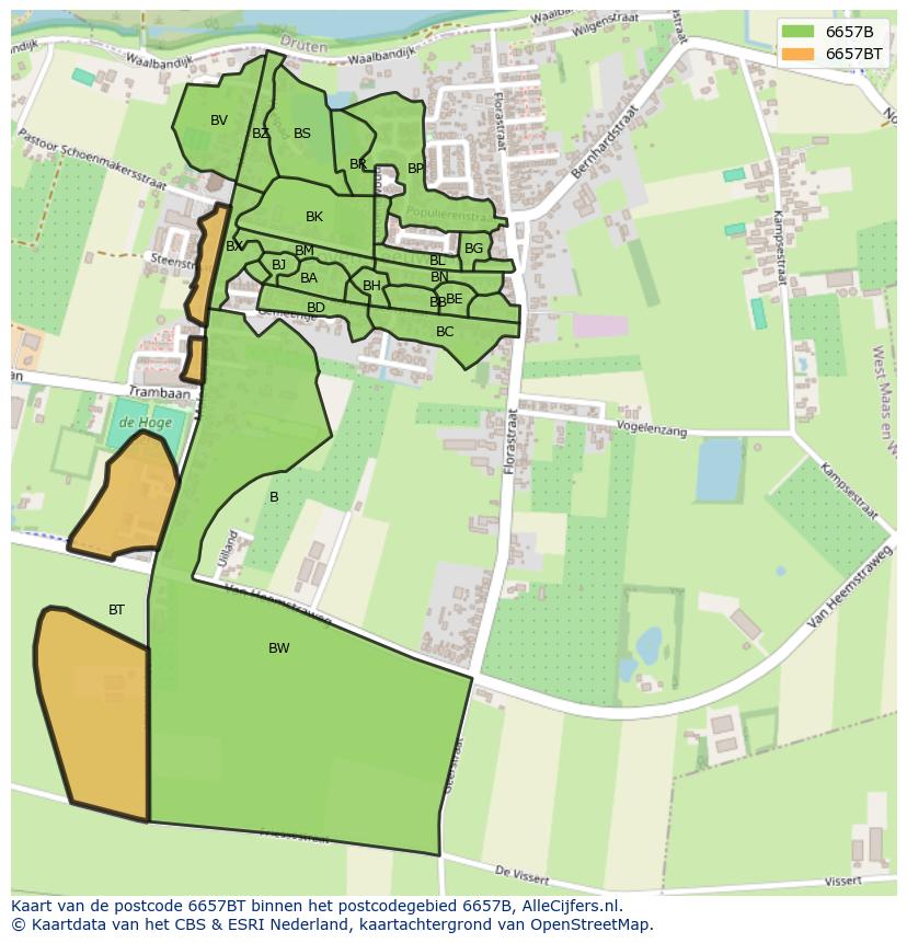 Afbeelding van het postcodegebied 6657 BT op de kaart.