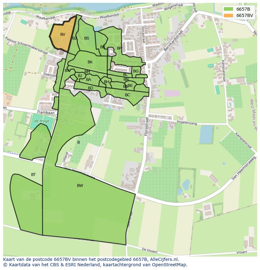 Afbeelding van het postcodegebied 6657 BV op de kaart.