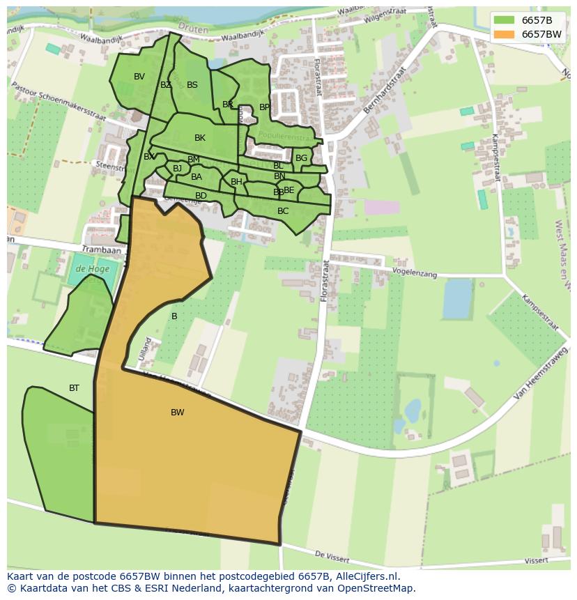Afbeelding van het postcodegebied 6657 BW op de kaart.