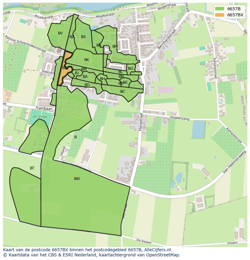 Afbeelding van het postcodegebied 6657 BX op de kaart.