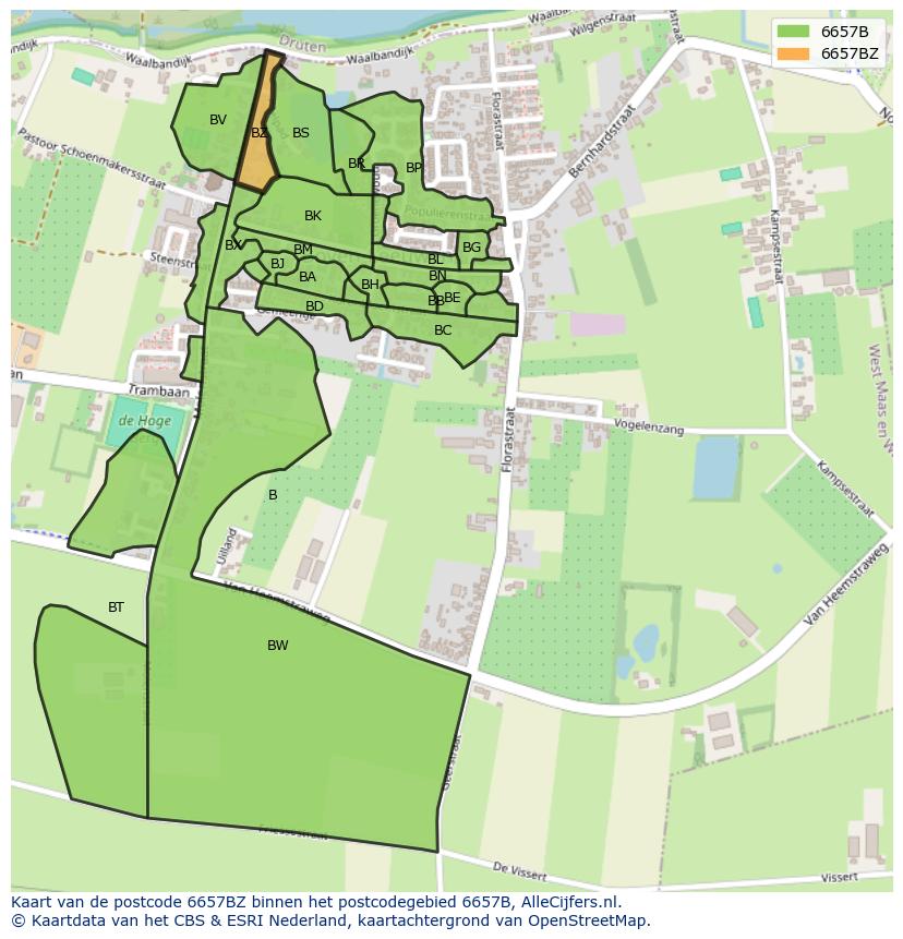 Afbeelding van het postcodegebied 6657 BZ op de kaart.
