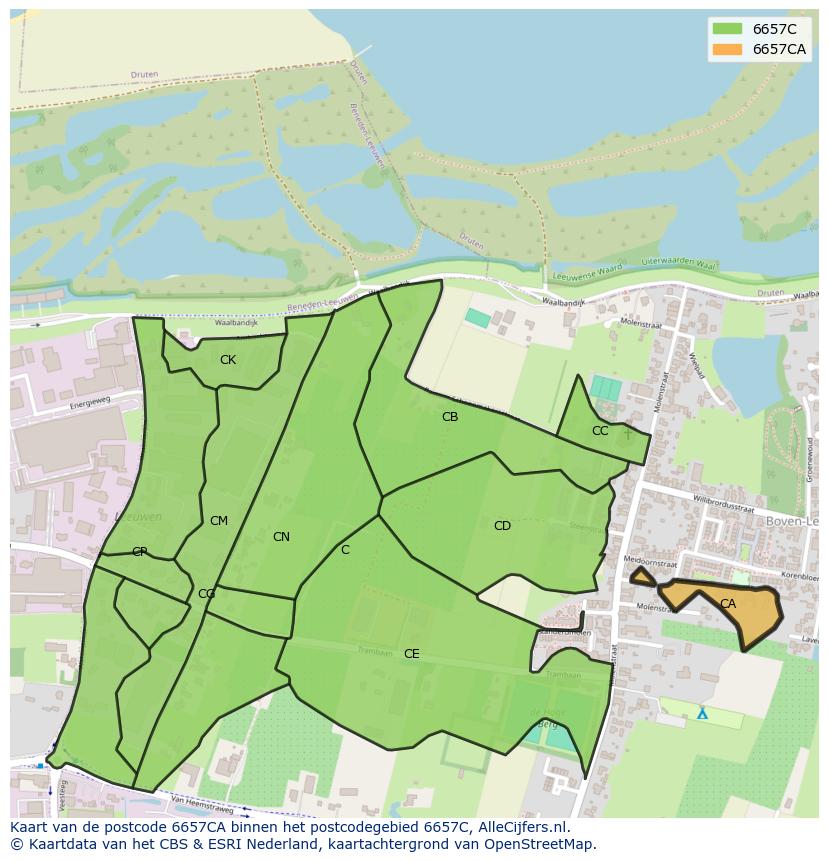 Afbeelding van het postcodegebied 6657 CA op de kaart.