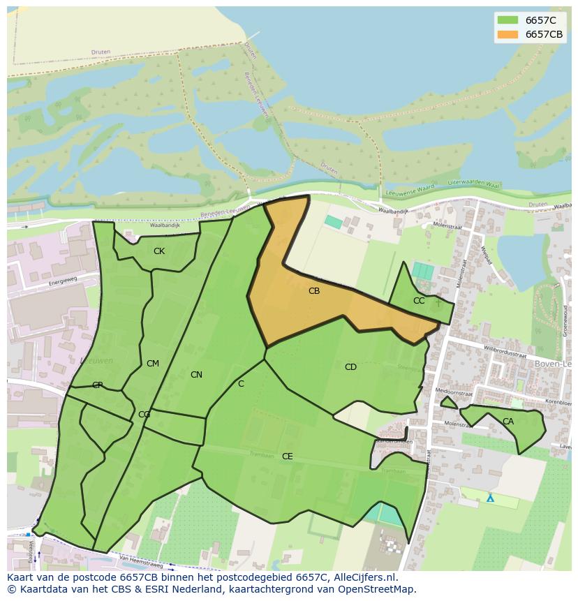 Afbeelding van het postcodegebied 6657 CB op de kaart.