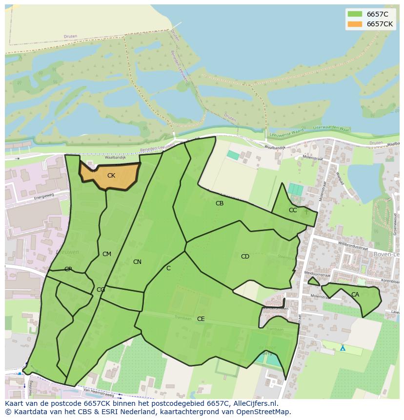 Afbeelding van het postcodegebied 6657 CK op de kaart.