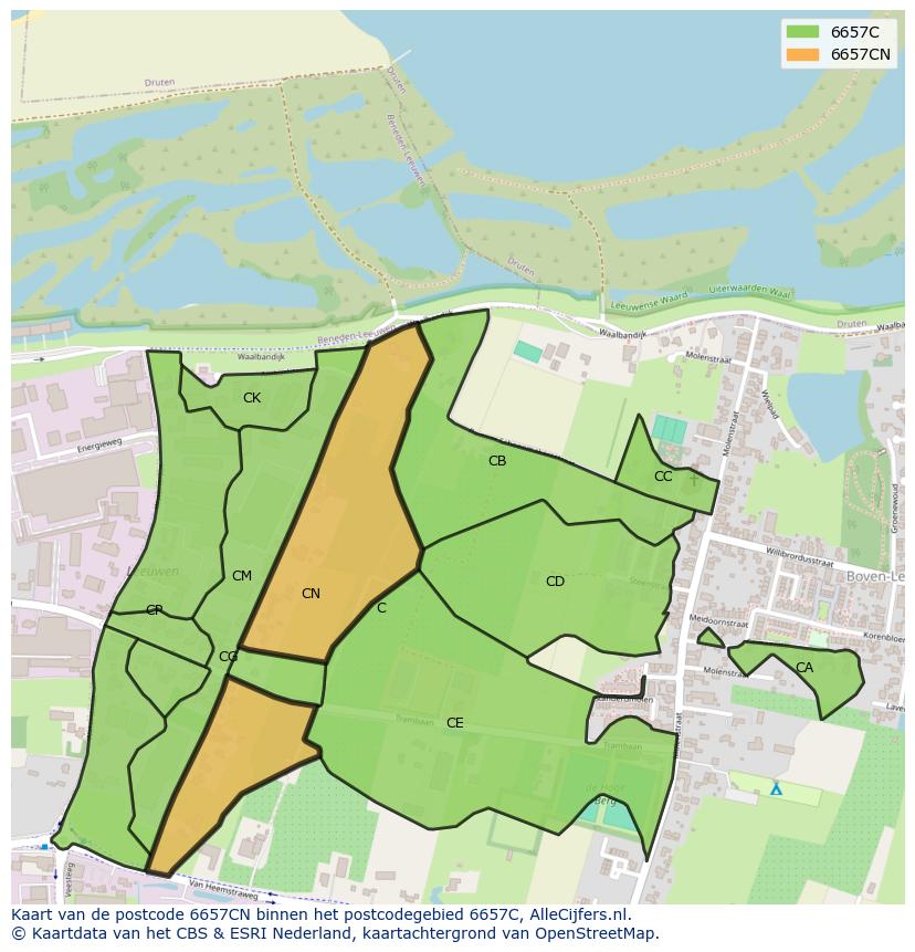 Afbeelding van het postcodegebied 6657 CN op de kaart.