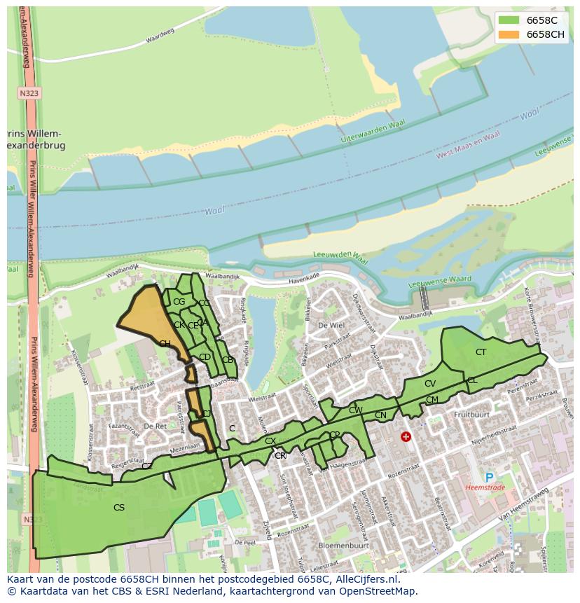 Afbeelding van het postcodegebied 6658 CH op de kaart.