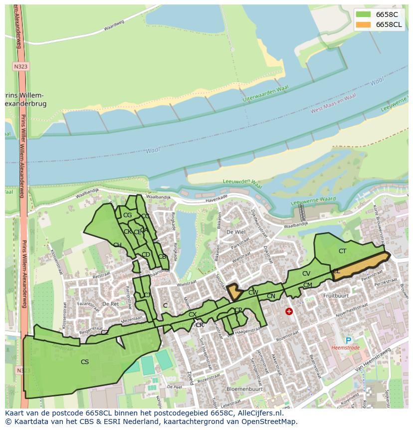 Afbeelding van het postcodegebied 6658 CL op de kaart.