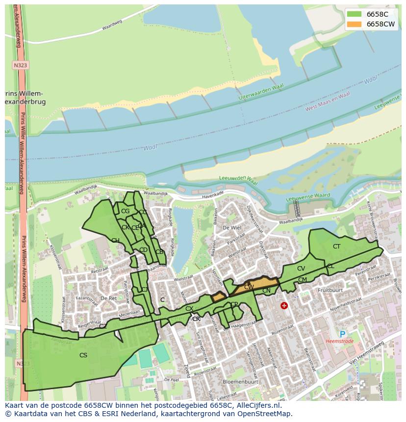 Afbeelding van het postcodegebied 6658 CW op de kaart.