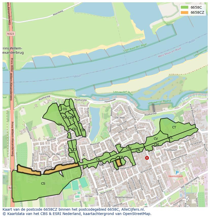Afbeelding van het postcodegebied 6658 CZ op de kaart.