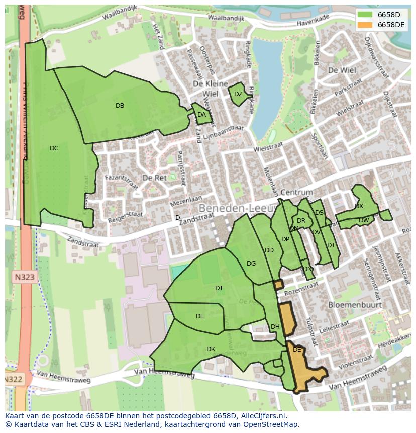 Afbeelding van het postcodegebied 6658 DE op de kaart.