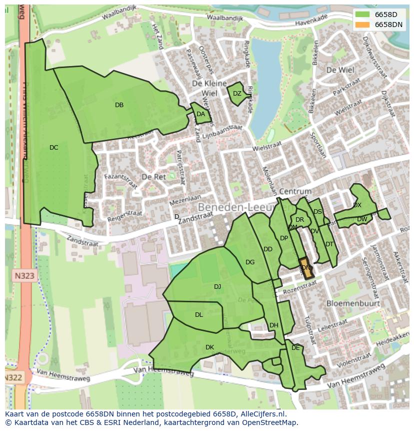Afbeelding van het postcodegebied 6658 DN op de kaart.