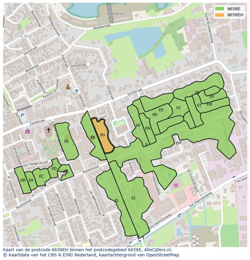 Afbeelding van het postcodegebied 6658 EH op de kaart.