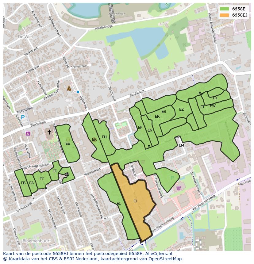 Afbeelding van het postcodegebied 6658 EJ op de kaart.