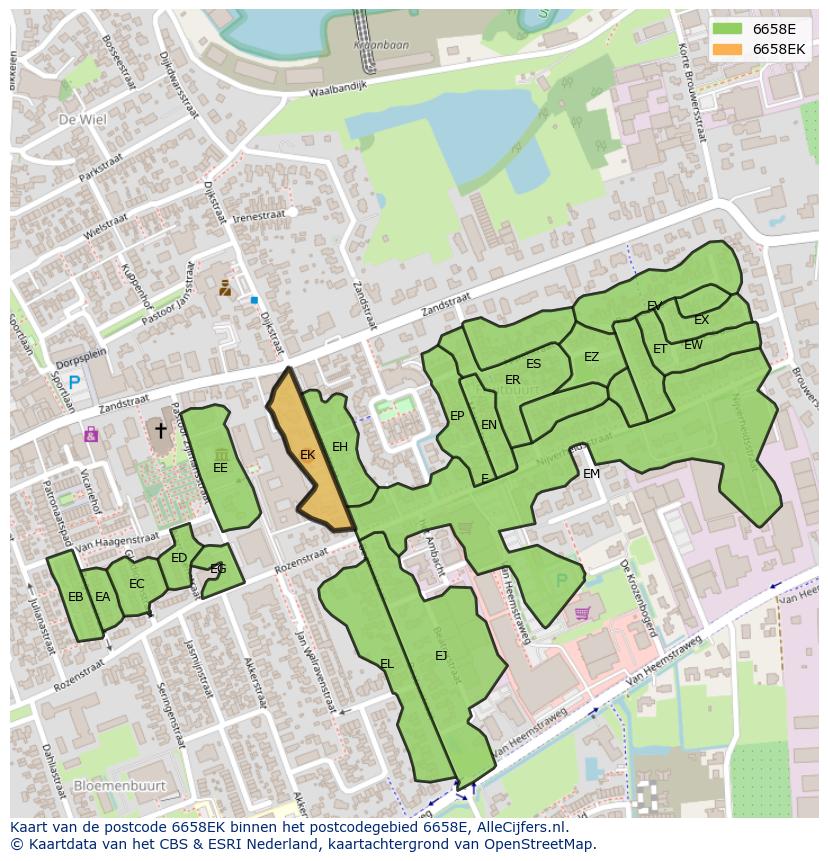 Afbeelding van het postcodegebied 6658 EK op de kaart.